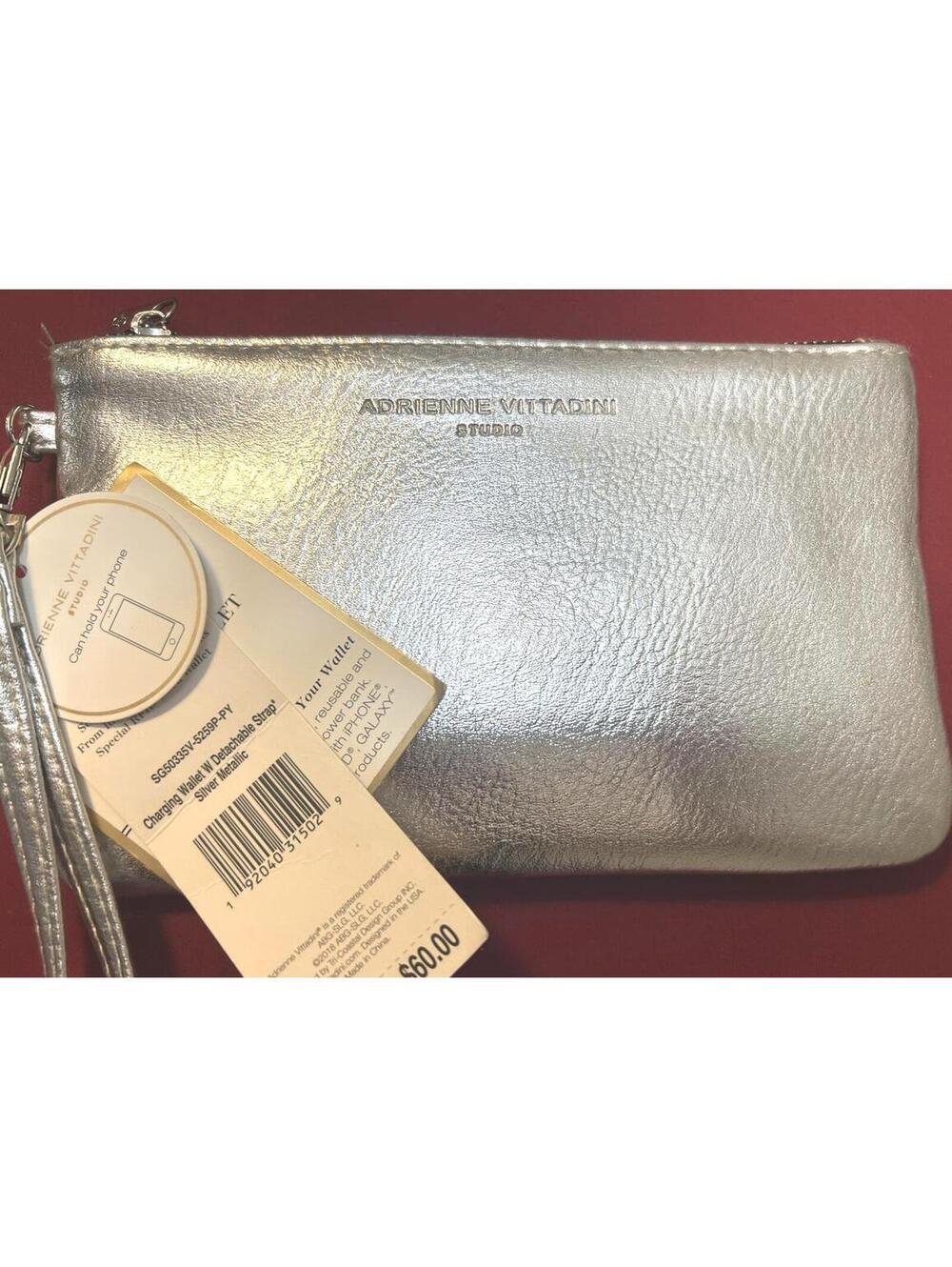 Adrienne Vittadini Charging Wallet Silver Metallic Wristlet Phone Charger NWT